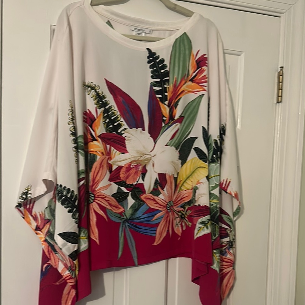 Chico's White Tunic with Red Hem and Multicolor Floral Print